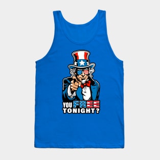 Fourth of July Cool Uncle Sam, You Free Tonight? wearing USA Flag Sunglasses Tank Top